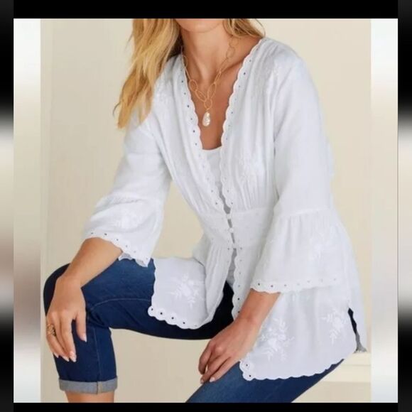 Soft Surroundings Icon Melissani Tunic White Embroidered Eyelet Size L Boho - Picture 13 of 14